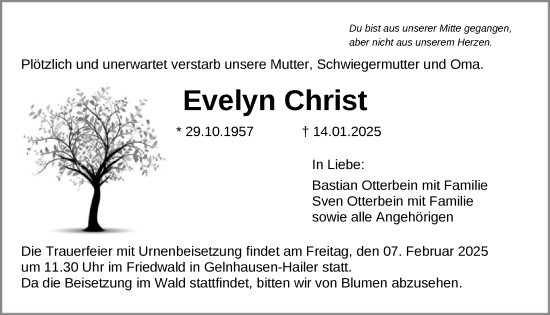 Traueranzeige von Evelyn Christ von OF