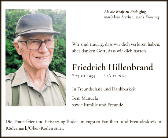 Traueranzeige von Friedrich Hillenbrand von OF