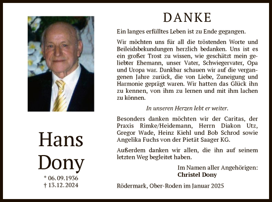 Traueranzeige von Hans Dony von OF