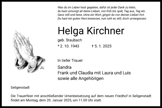 Traueranzeige von Helga Kirchner von OF