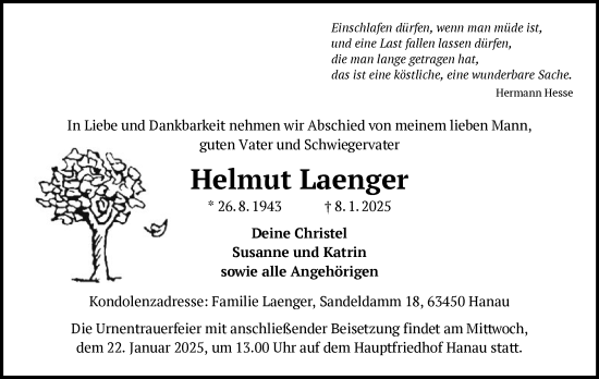 Traueranzeige von Helmut Laenger von OF