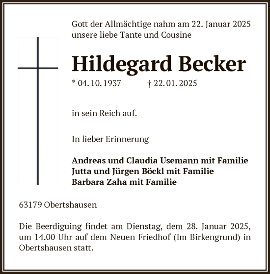 Traueranzeige von Hildegard Becker von OF