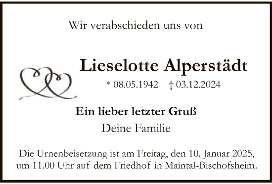 Traueranzeige von Lieselotte Alperstädt von OF