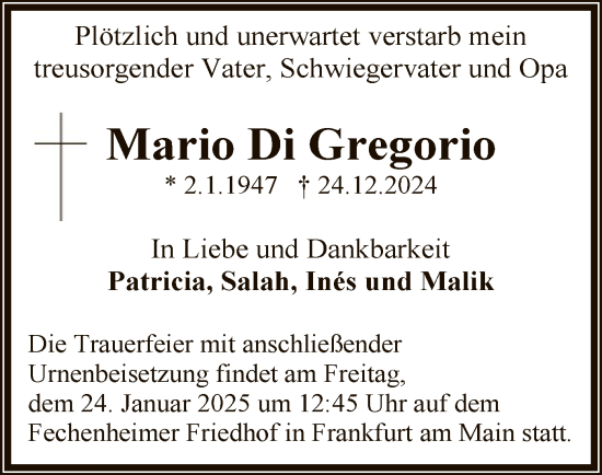 Traueranzeige von Mario Di Gregorio von OF