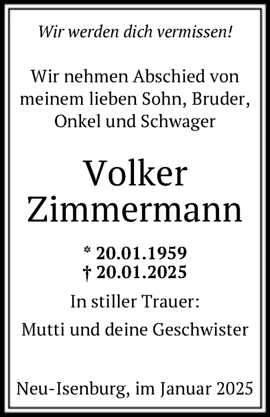 Traueranzeige von Volker Zimmermann von OF