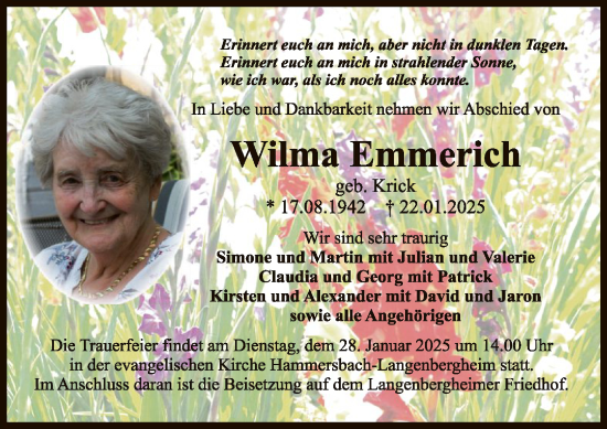 Traueranzeige von Wilma Emmerich von OF