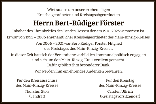 Traueranzeige von Bert-Rüdiger Förster von OF