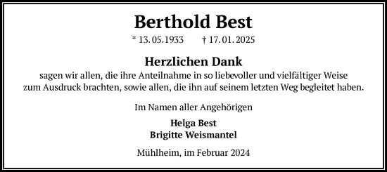 Traueranzeige von Berthold Best von OF