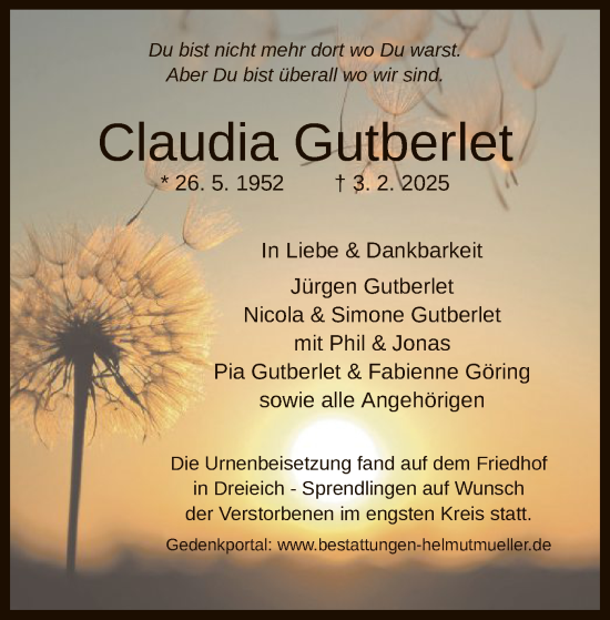 Traueranzeige von Claudia Gutberlet von OF