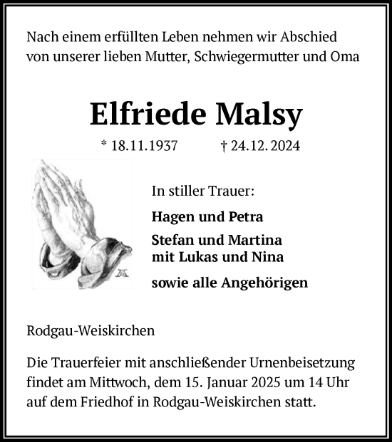 Traueranzeige von Elfriede Malsy von OF