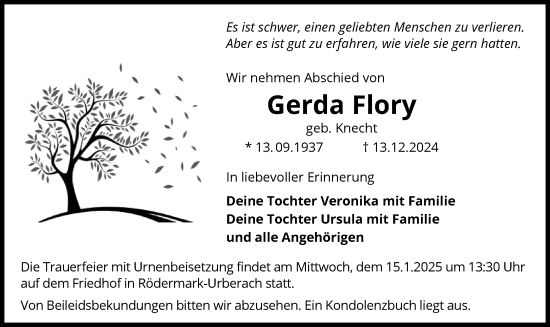 Traueranzeige von Gerda Flory von OF