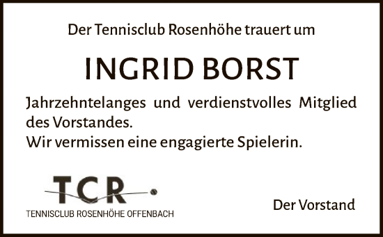 Traueranzeige von Ingrid Borst von OF