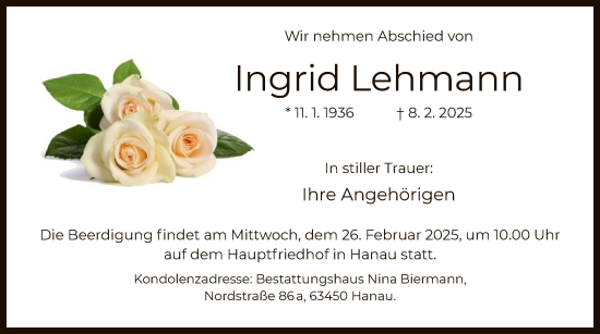 Traueranzeige von Ingrid Lehmann von OF