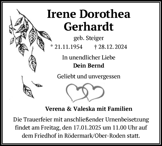 Traueranzeige von Irene Dorothea Gerhardt von OF