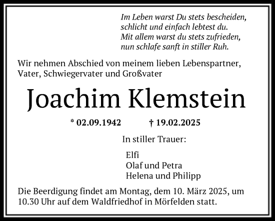 Traueranzeige von Joachim Klemstein von OF