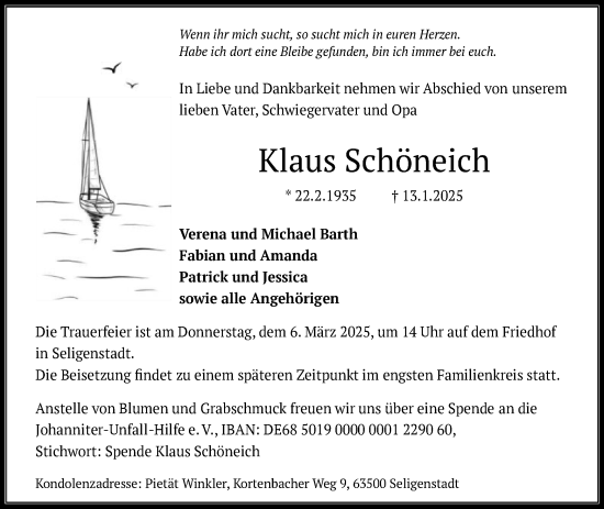 Traueranzeige von Klaus Schöneich von OF