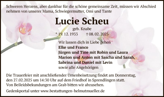 Traueranzeige von Lucie Scheu von OF