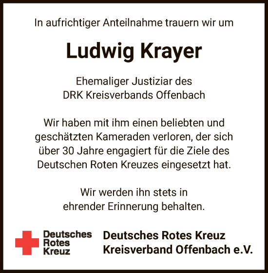 Traueranzeige von Ludwig Krayer von OF