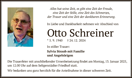 Traueranzeige von Otto Schreiner von OF