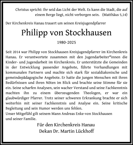 Traueranzeige von Philipp von Stockhausen von OF