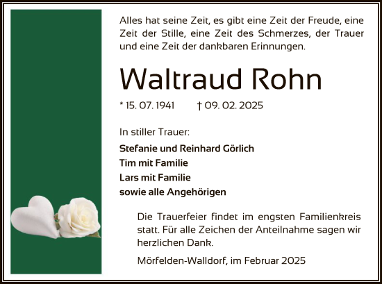 Traueranzeige von Waltraud Rohn von OF