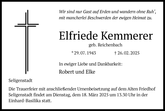 Traueranzeige von Elfriede Kemmerer von OF