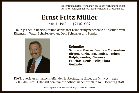 Traueranzeige von Ernst Fritz Müller von OF