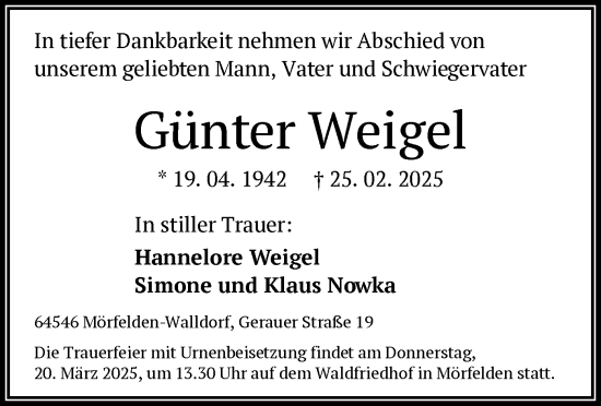 Traueranzeige von Günter Weigel von OF