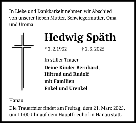 Traueranzeige von Hedwig Späth von OF