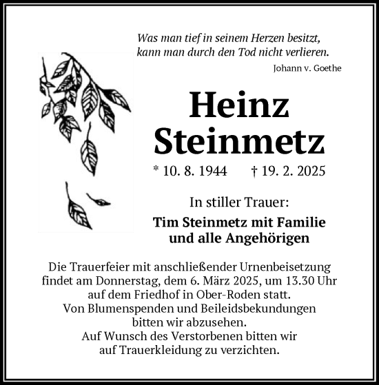 Traueranzeige von Heinz Steinmetz von OF