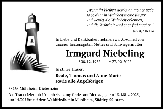 Traueranzeige von Irmgard Niebeling von OF