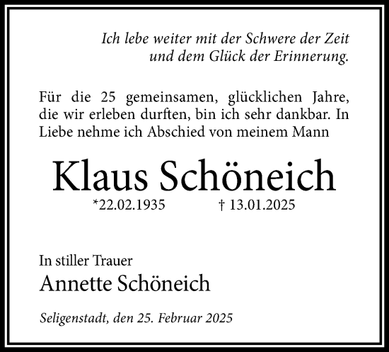 Traueranzeige von Klaus Schöneich von OF