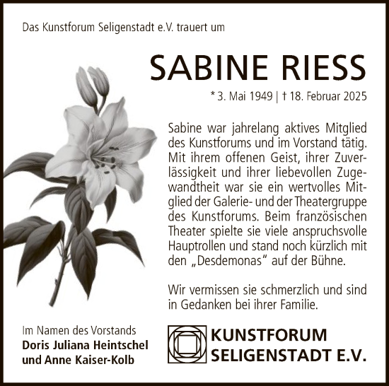 Traueranzeige von Sabine Riess von OF