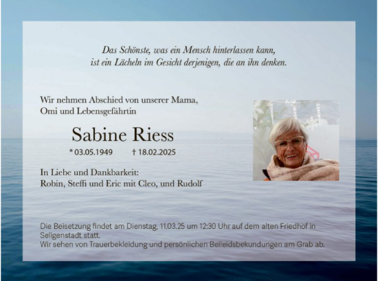 Traueranzeige von Sabine Riess von OF