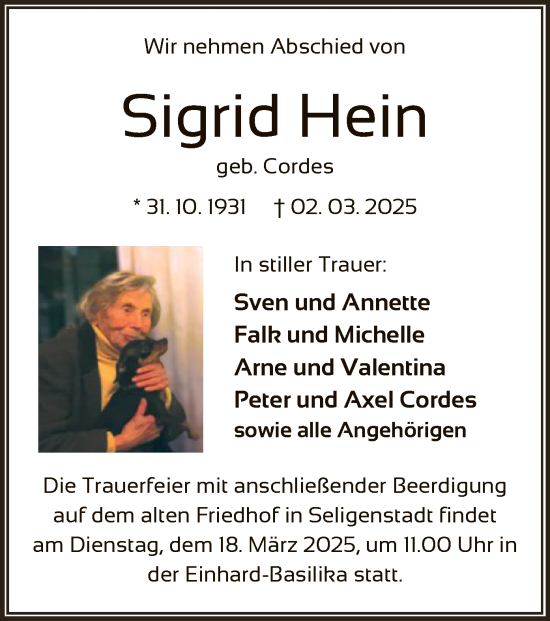 Traueranzeige von Sigrid Hein von OF