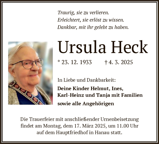 Traueranzeige von Ursula Heck von OF