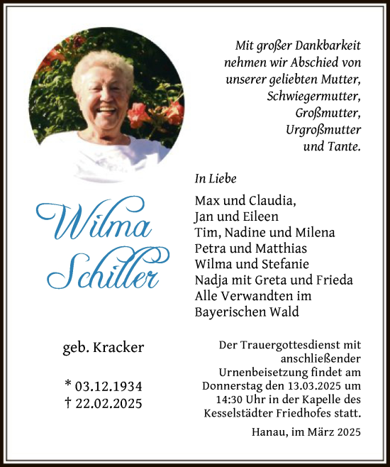 Traueranzeige von Wilma Schiller von OF